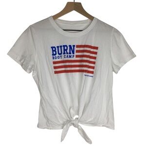 BURN BOOT CAMP Cropped T Shirt Twist Tie Front Top American Flag Red White Blue